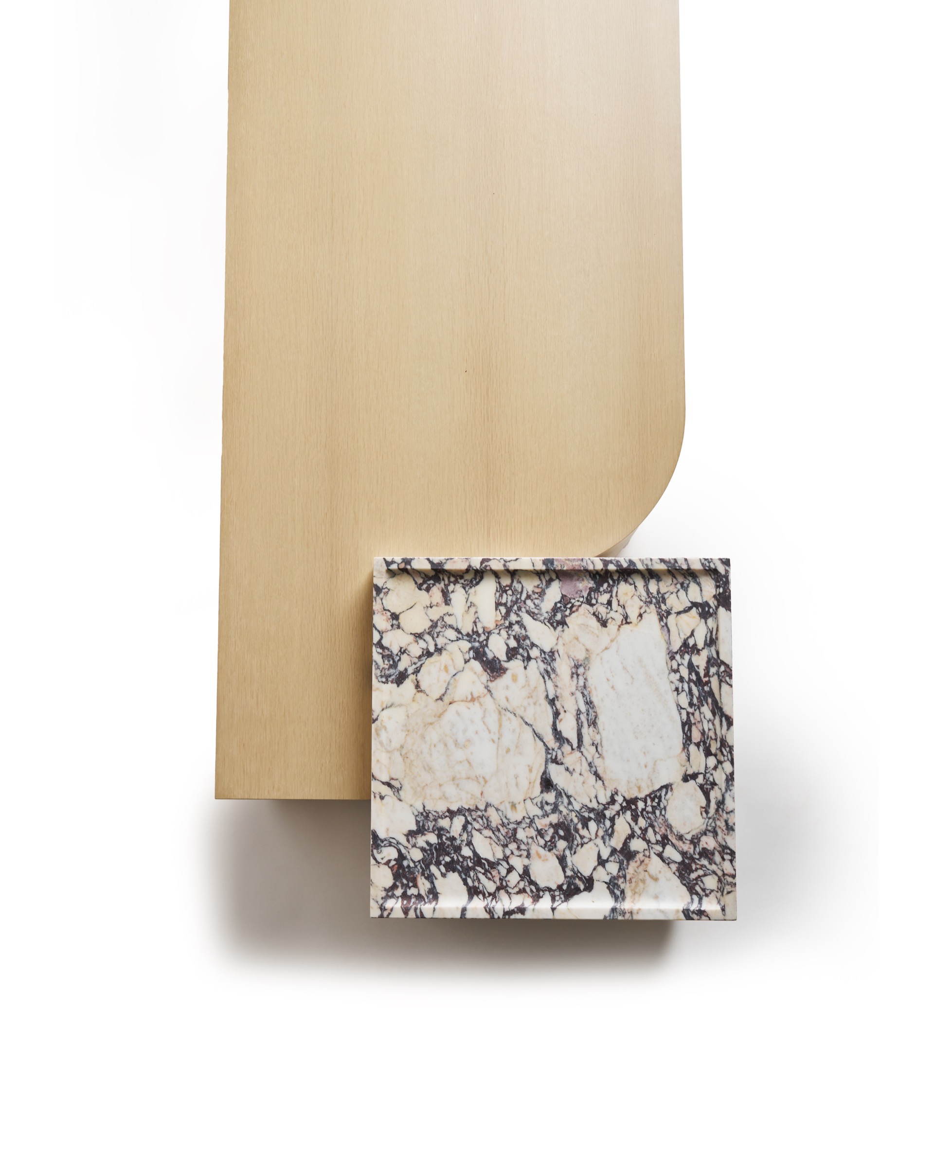 Custom oak coffee table with Calacatta Viola marble cube