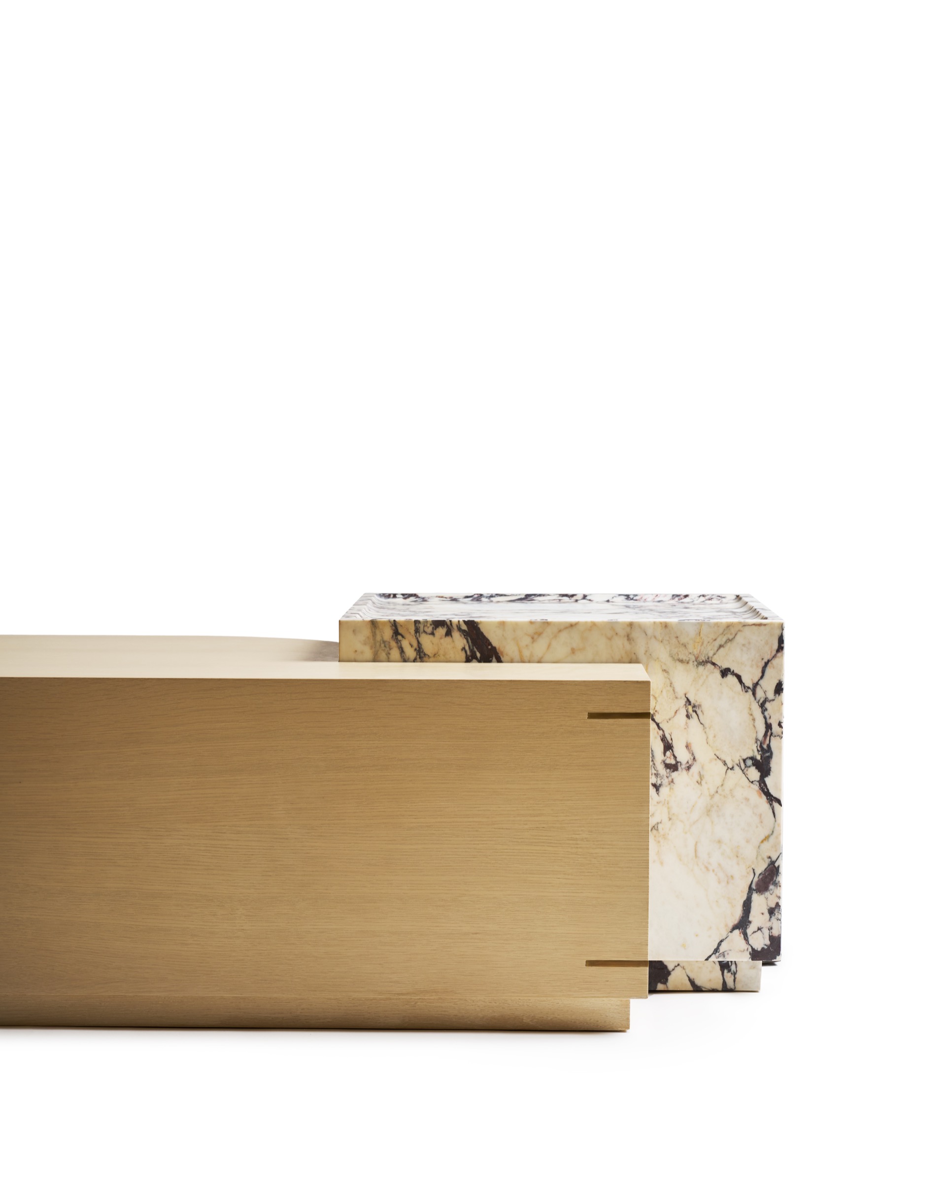 Custom made oak coffee table with stone cube and brass accents.