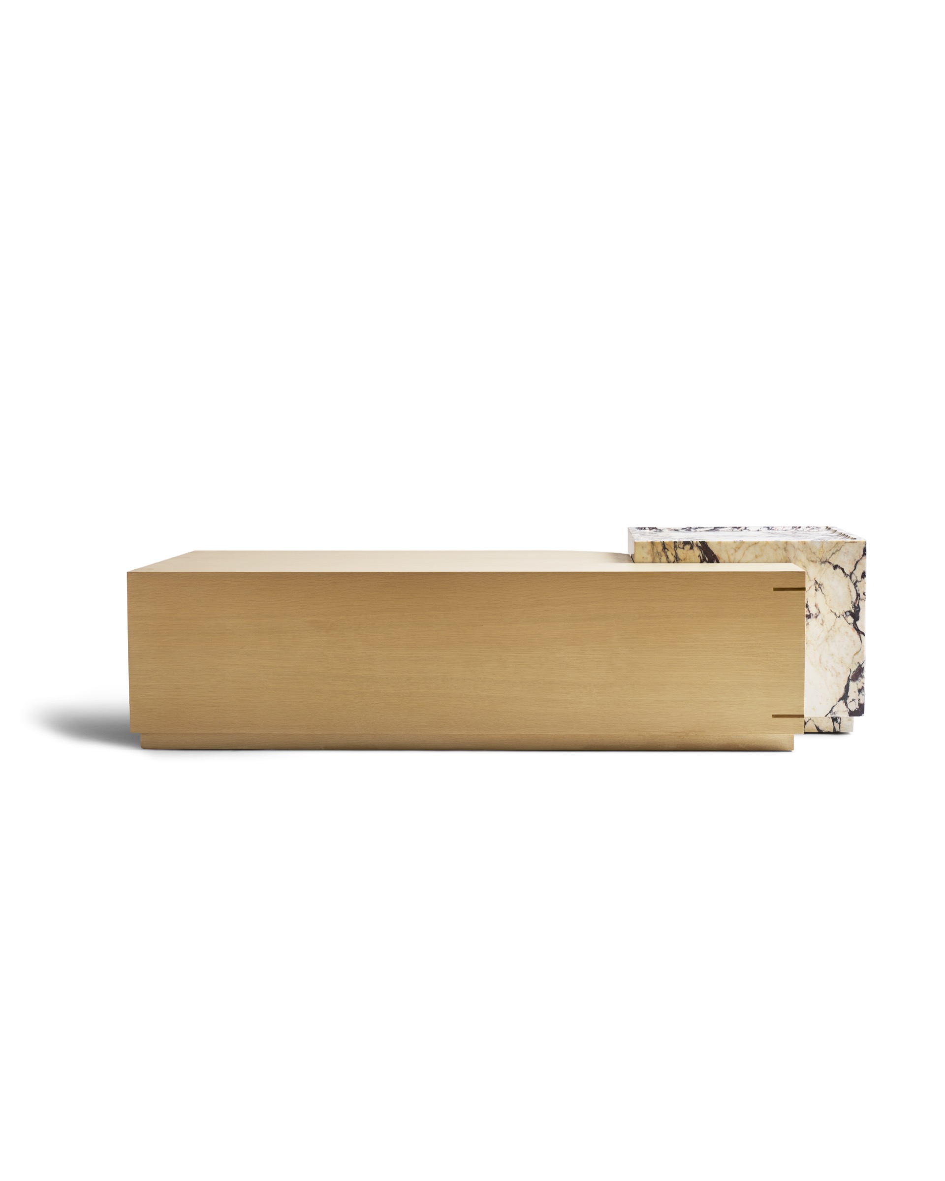 Minimalist luxury coffee table in natural veneer and Calacatta Viola marble