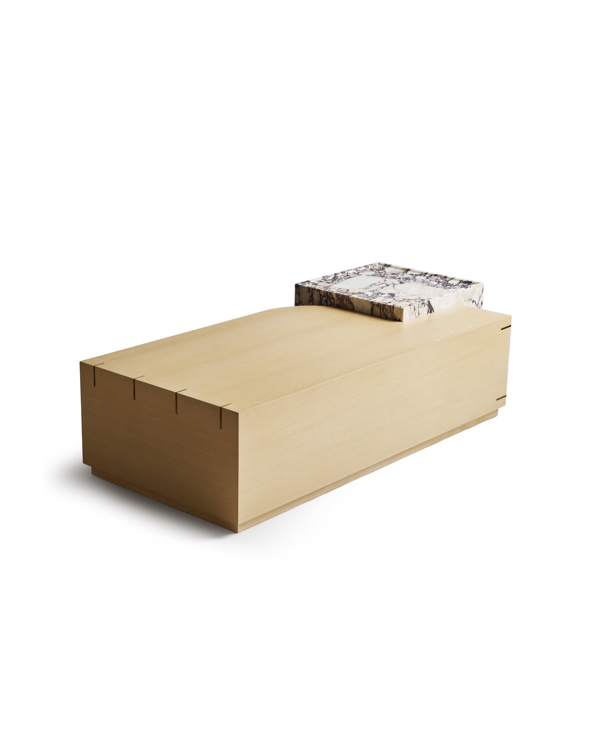 Custom modern coffee table with natural veneer, Calacatta Viola marble, and brass accents