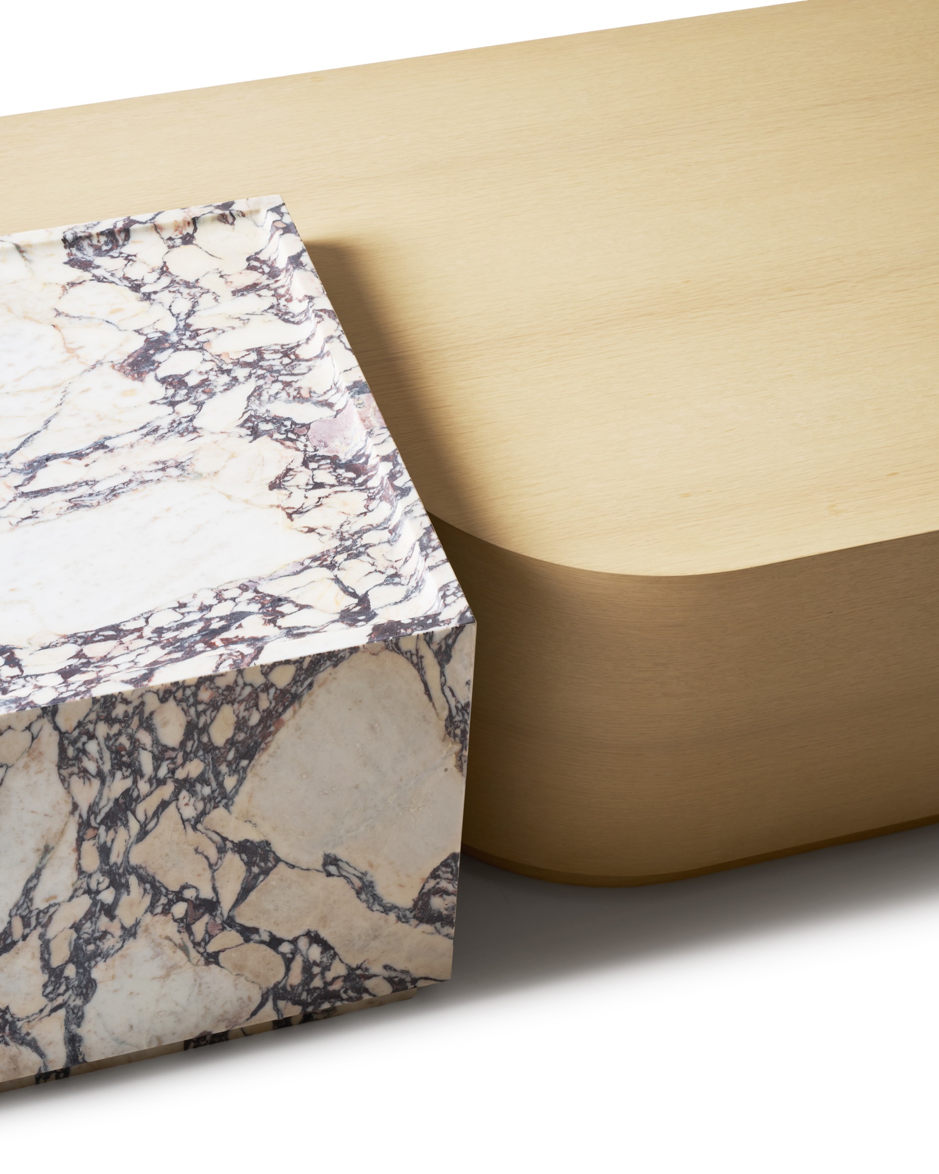 Modern luxury coffee table with natural veneer and Calacatta Viola marble