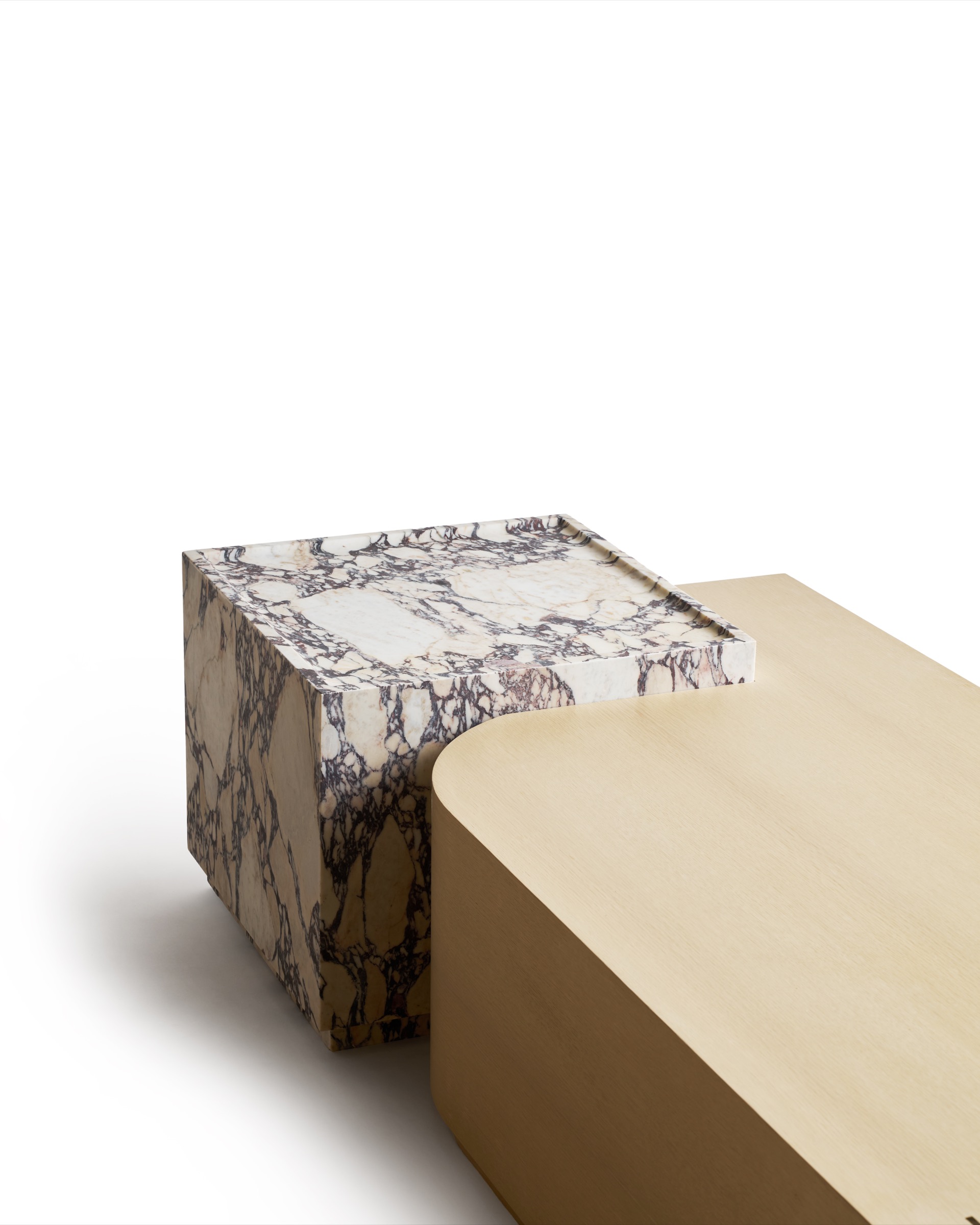 Minimalist luxury coffee table in natural veneer and Calacatta Viola marble
