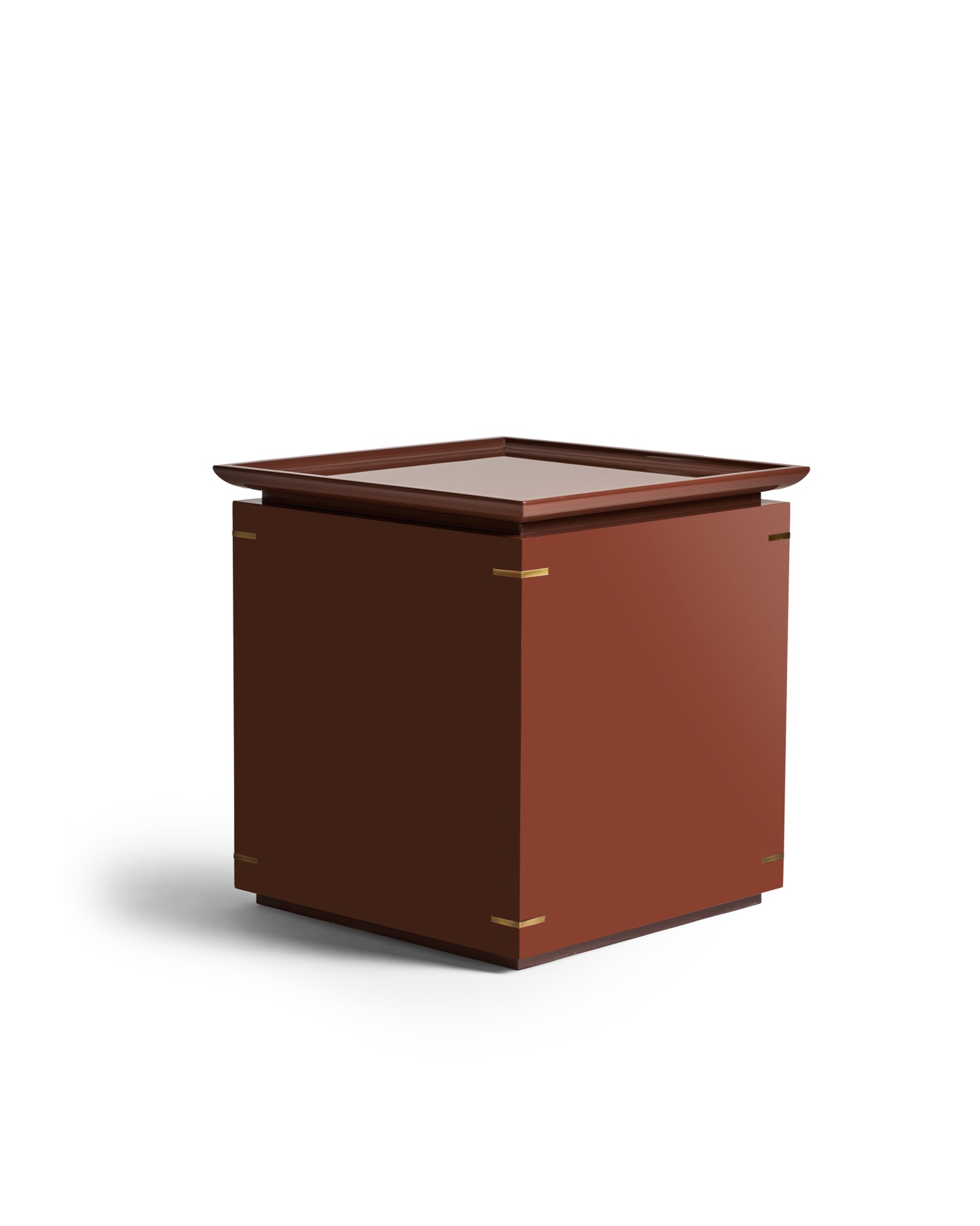 Minimalist lacquer side table with tray top and brass accents
