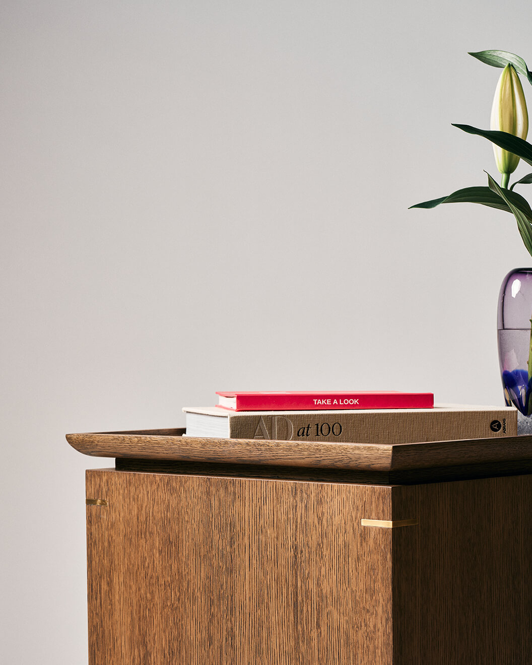 Modern solid oak side table with tray surface