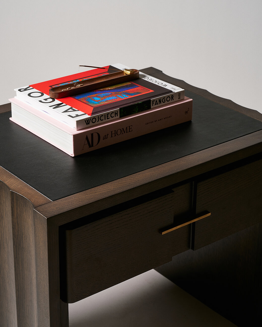 Fluted Side Nightstand in solid wood and leather top.